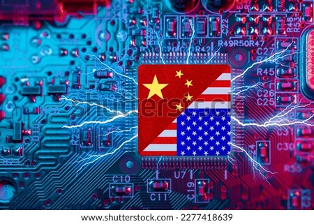 Flag USA and China on Computer CPU. Chip War Crisis, Global semiconductor technology factory fighting supply battle over chips manufacturing USA and China.