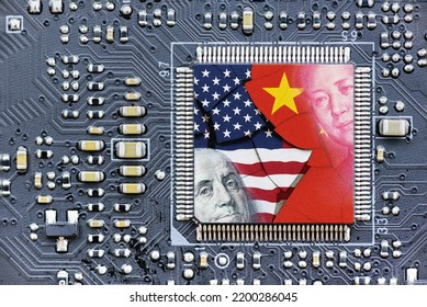 Flag of USA and China on a processor, CPU or GPU microchip on a motherboard. US companies have become the latest collateral damage in US - China tech war. US limits, restricts AI chips sales to China. - Shutterstock ID 2200286045