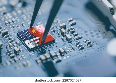 Flag of USA and China on a processor, CPU or GPU microchip on a motherboard. US companies have become the latest collateral damage in US - China tech war. US limits, restricts AI chips sales to China. - Shutterstock ID 2287024087