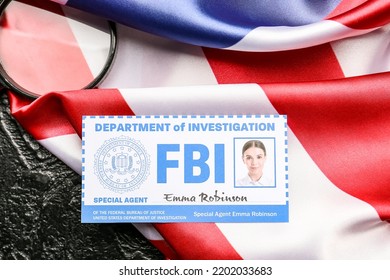 Flag Of USA, Document Of FBI Agent And Magnifier On Dark Background