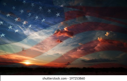 Flag Usa On The Background Of Sunrise