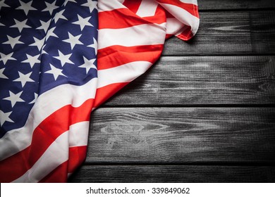 Flag Of USA On Dark Wood Background