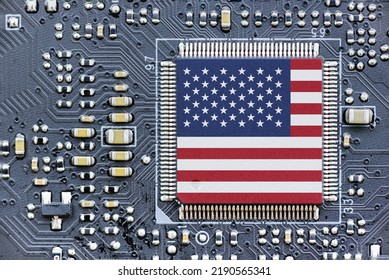 Flag Of USA On A Processor, CPU Central Processing Unit Or GPU Microchip On A Motherboard. Congress Passes The CHIPS Act Of 2022 To Strengthen Domestic Semiconductor Manufacturing, Research And Design