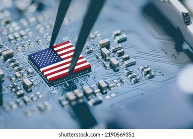 Flag of USA on a processor, CPU Central processing Unit or GPU microchip on a motherboard. Congress passes the CHIPS Act of 2022 to strengthen domestic semiconductor manufacturing, research and design - Shutterstock ID 2190569351