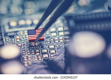 Flag of USA on a processor, CPU Central processing Unit or GPU microchip on a motherboard. Congress passes the CHIPS Act of 2022 to strengthen domestic semiconductor manufacturing, research and design