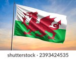 Flag of Wales waving flag on sunset view