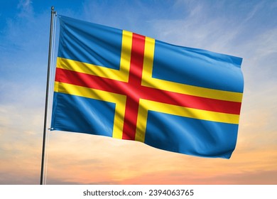 Flag of Åland waving flag on sunset view - Shutterstock ID 2394063765