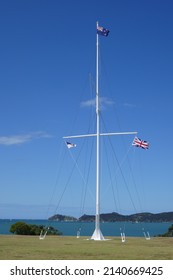 Flagpole At New Zealand's Waitangi Treaty Grounds On A Sunny Day