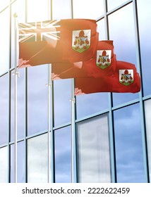 Flagpoles With The Flag Of Bermuda Islands In Front Of The Business Center