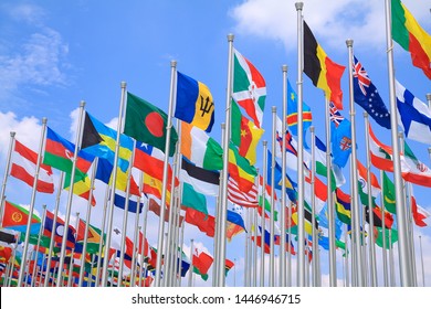 Flags of all nations of the world are flying 