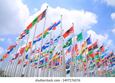 Flags of all nations of the world are flying 
