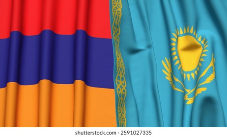 Flags of ARMENIA and KAZAKHSTAN with realistic cloth texture