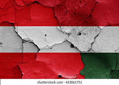 Flags Of Austria And Hungary Painted On Cracked Wall 