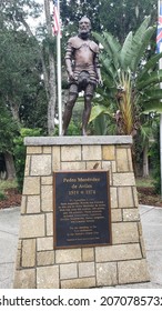 Flags Behind Spanish Conquistador Statue Fountain Of Youth St Augustine FL Nov 7 2021 United States 