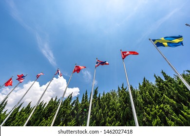 lot of flags with blue sky