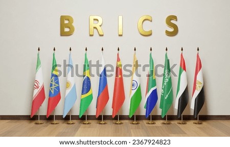 flags of BRICS is a grouping of Brazil, Russia, India, China, and South Africa - A total of six countries will join the BRICS on 2024 Argentina , Egypt, Ethiopia, Iran, Saudi ,UAE