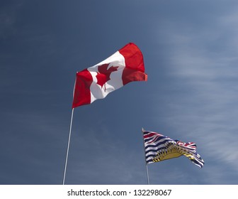 Flags - Canada and British Columbia flags in the wind