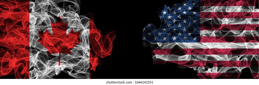 Flags of Canada and USA on Black background, Canada vs USA Smoke Flags