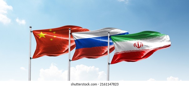 Flags Of China, Russia And Iran Countries.