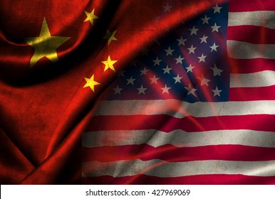 Flags Of China And The USA On A Textured Material 