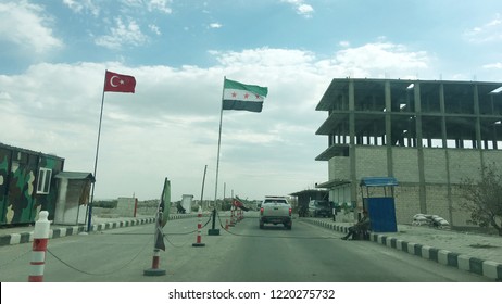 Flags At The Control Point In Jarablus That Is A Town Was Captured On 24 August 2016 By Turkey Backed Free Syrian Army From ISIS Forces. Now City Is Free And Has A Peace. Nov. 3 2018 Jarablus Syria 