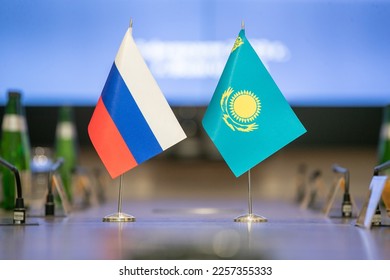 Flags of cooperation between Russia and Kazakhstan. Close-up. - Powered by Shutterstock