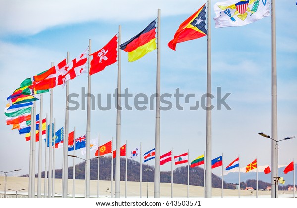 Flags
of countries. different countries on the
flagpole