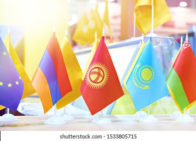 Flags of the countries of the Eurasian region at the business exhibition