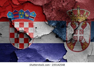 Flags Of Croatia And Serbia Painted On Cracked Wall