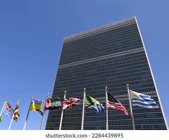 Flags of different countries against the background of the United Nations building