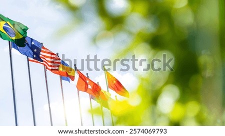 Flags of different countries in the sky