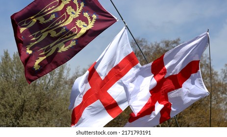 Flags Of England: Saint George's Cross And Three Gold Lions, A Royal Banner Of England 