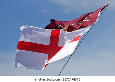 Flags Of England: Saint George's Cross And Three Gold Lions, A Royal Banner Of England 