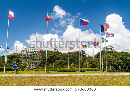 Flags of ESA members at Centre Spatial Guyanais (Guiana Space Centre) in Kourou, French Guiana