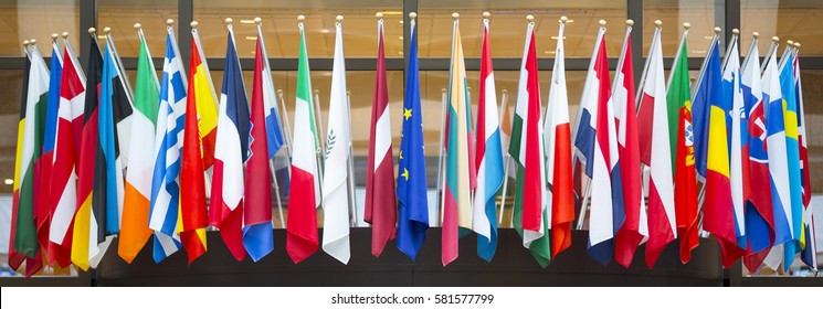 Flags Of The European Union. EU Flag In The Middle.