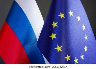 Flags of the European Union EU and the Russian Federation Russia. - Shutterstock ID 2055732917