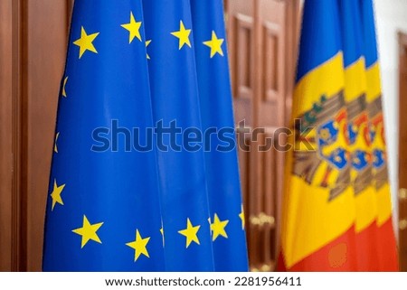 Flags of European Union and Republic of Moldova pictured in Presidential Palace of Moldova in Chisnau.
