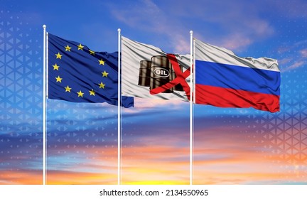 Banderas de la Unión Europea y Rusia y una bandera en blanco en el medio, el símbolo del petróleo. El concepto de sanciones contra Rusia