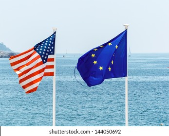 Flags Of The European Union And The United States, Symbolic Photo For, Diplomacy, Foreign Policy