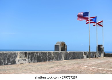 Flags Flying Atop Castillo San Cristobal In San Juan, Puerto Rico