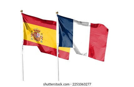 Flags of France flag and Spain flag against cloudy sky. waving in the sky - Shutterstock ID 2251063277