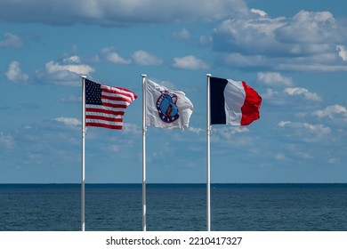 Flags Of France; USA And Army National Guard At Omaha Beach, Normandy, France 17.09.2022