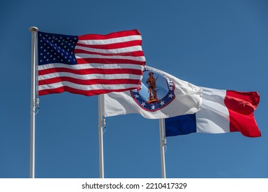 Flags Of France; USA And Army National Guard At Omaha Beach, Normandy, France 17.09.2022