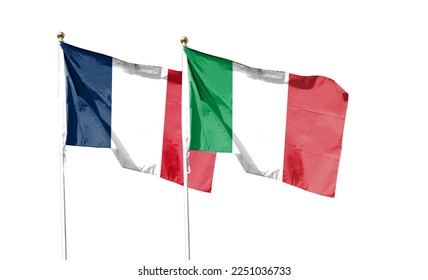 Flags of French flag and Italian flag against cloudy sky. waving in the sky - Shutterstock ID 2251036733