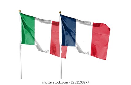 Flags of French flag and Italian flag against cloudy sky. waving in the sky - Shutterstock ID 2251138277
