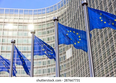 Flags In Front Of The EU Commission Building In Brussels 