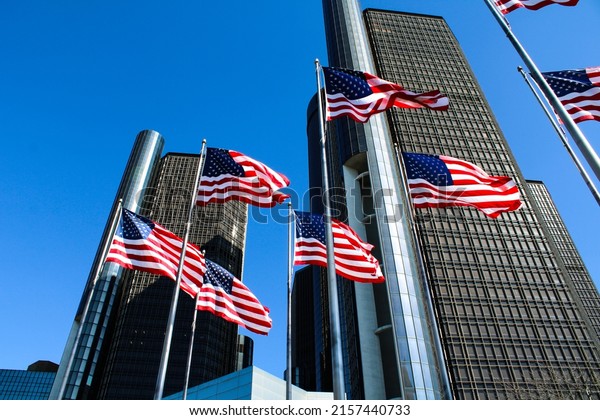 The flags in front of the Renaissance Center,
Detroit MI April 2022