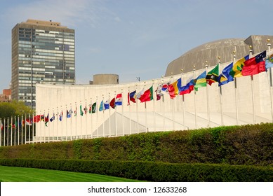 Flags In Front Of The UN Headquarters In New York