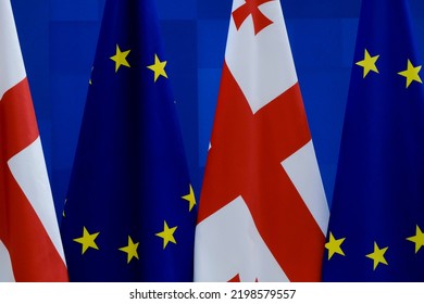 Flags Of Georgia And Flags Of EU During A Meeting Of The EU-Georgia Association Council At The European Council Building In Brussels, Belgium, Sept. 6, 2022.