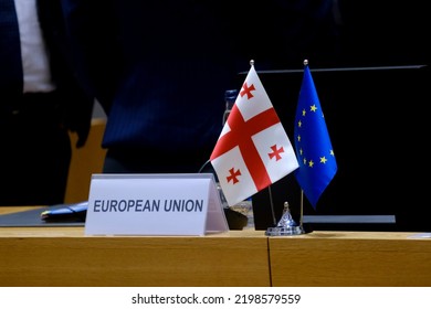 Flags Of Georgia And Flags Of EU During A Meeting Of The EU-Georgia Association Council At The European Council Building In Brussels, Belgium, Sept. 6, 2022.